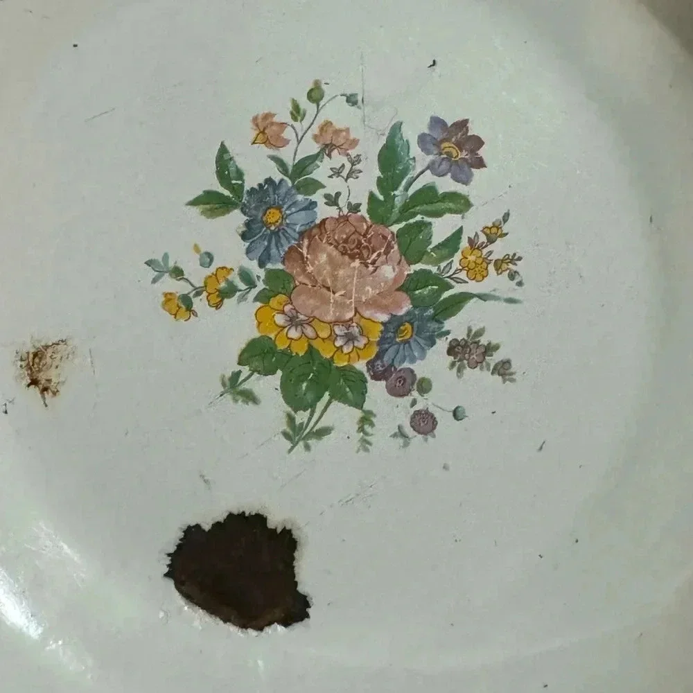 Vintage White Floral Metal Wall Basin with Multicolor Bouquet